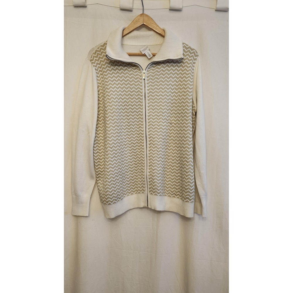 Weekends By Chicos Sweater Womens 3 White Gold Chevron Full Zip Mock Neck‎ Knit